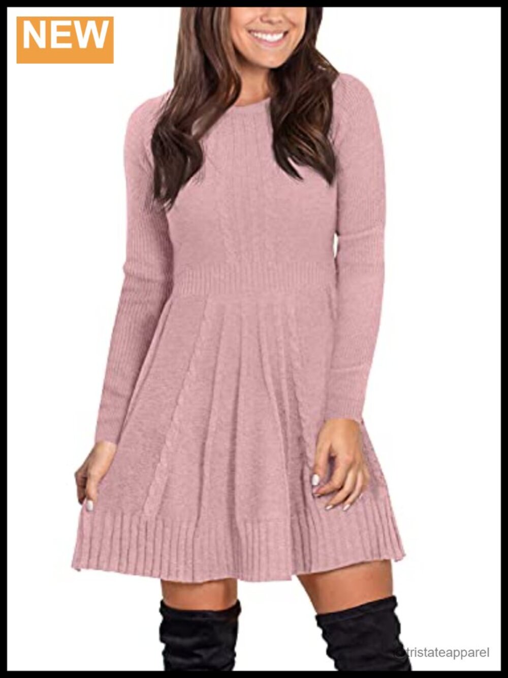 Cable Knit Sweater Dress Flare Crew Neck Long Sleeve Winter